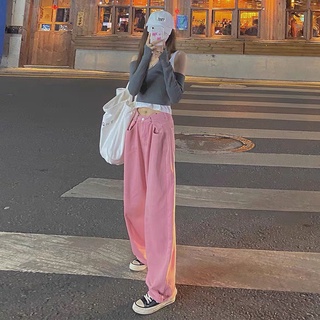 Mujer rosa ancho de pierna jeans estilo coreano cintura alta suelta pierna recta personalidad drapeado pantalones
