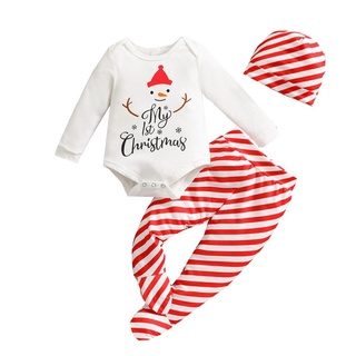 ✿Ti◐Conjunto de ropa de tres piezas de navidad infantil, estampado de patrón de manga larga mameluco, pantalones y gorra