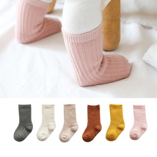 Calcetines de algodón suaves para niños, Color sólido, rayas, terciopelo grueso, calcetines gruesos, otoño, invierno, calcetines de tubo medio