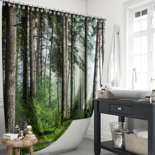 cortinas de ducha impresas en árbol forestal, decoración de baño con ganchos impermeables
