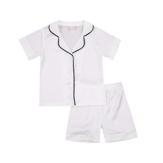 ✦Ug♥Conjunto de ropa de dormir de dos piezas para niños, Color sólido, manga corta, cuello de Turn-down, Tops + pantalones cortos, verde/blanco