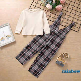 Rainbow-2pcs niño traje, Color sólido camiseta de manga larga + cuadros V-cuello tirantes pantalones para niña, 18 meses a 6 años