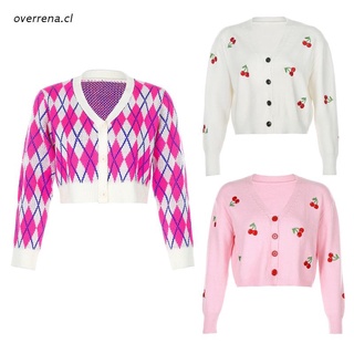 ove Women Long Sleeve V-Neck Cardigan Cherry Embroidery Plaid Knitted Crop Top Single Breasted Button Loose Sweater Coat