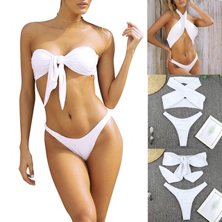 Bandeau Swimsuit Women Bikini Set Low Waist Swimwear Female Knot Vintage Biquini y Off Shoulder Bathing Suit S (1)