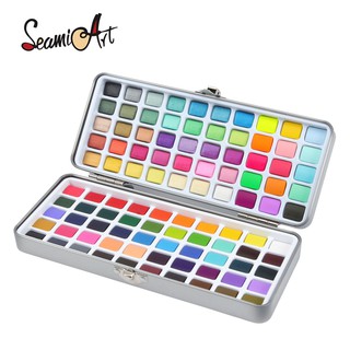 SeamiArt 100 Colores Sólido Acuarela Estaño Caja Set Básico Metálico Brillo Fluorescencia