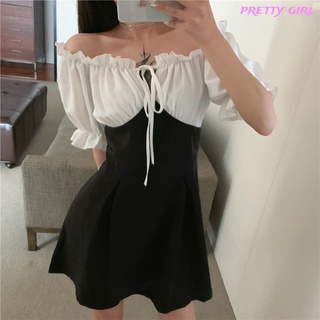【Ready Stock】 Women Dress Straight French Style Black White Color Contrast Little Black Skirt Lace-up Dress