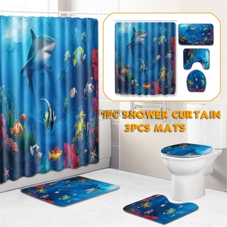 Baño antideslizante europea estrella de mar marina decoración estilo decoración - alfombra Base + tapa cubierta de inodoro + alfombrilla de baño + cortina de ducha