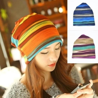 Personality Headwear Turban Hat Gift Fashion Warm Colorful Stripes Beanie Cap (1)