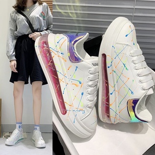 Internet Celebrity reflectante Graffiti blanco zapatos para mujeres2021Primavera y verano nuevo estilo coreano Casual estudiante plataforma aire cojín zapatillas