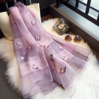 Silk Scarf Women's High-End Mulberry Silk Long Scarf Korean Style Sun Protection Shawl Three-Dimensional Embroidered Purple Scarf Spring, Autumn And Winter
