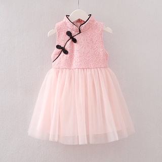 ◐Og❉Niña verano malla hilo vestido sin mangas moda Color sólido nudo hebilla niños una línea vestido de princesa (1)