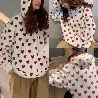 Suéter de las mujeres suelto estudiante con capucha suéter de impresión corazón cordón Casual Tops