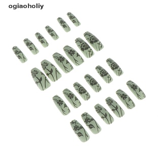 Ogiaoholiy 24Pcs Retro Green Press on nails Fake Nails Full Cover Nail Art False Nails Glue CL