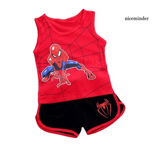 Nice_2 unids/Set ropa de niños traje Spiderman impresión amigable con la piel Anti-fade niños camiseta pantalones cortos traje para deportes (7)