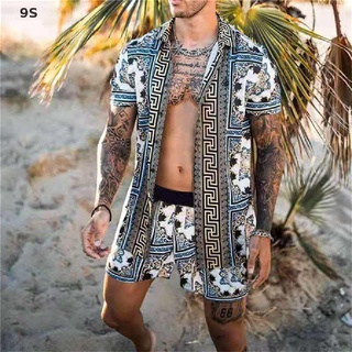 [fe] Conjunto De Camisa De Manga Corta De Impresión Hawaiana Para Hombre Pantalones Cortos De Playa 2 Piezas 9s (1)