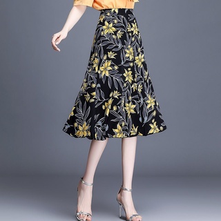 Falda floral floral Falda plisada de una línea de longitud media para mujer Falda larga de gasa de cintura alta de primavera y verano (4)