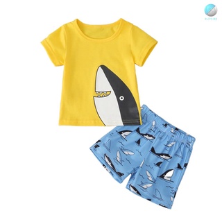 Ola bebé niño impreso tiburón ropa para verano amarillo T-shirt y azul pantalones ropa de playa para bebés recién nacidos 3-24 Mo