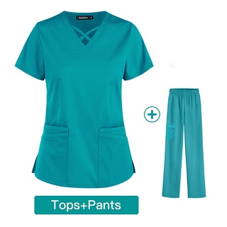 2 Unids/Set Nueva Moda Mujeres Bolsillo Cuello En V Camiseta Top + Pantalones Enfermería Ropa De Trabajo Enfermera Uniforme Exfoliante Traje