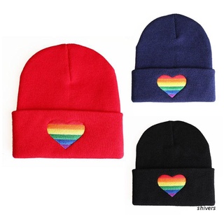 Shi: Unisex arco iris bordado corazón sombrero de punto invierno otoño orgullo LGBT gorro