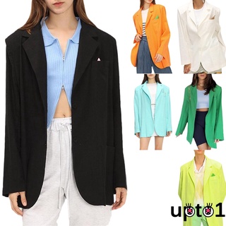 Up-mujer Color sólido Blazer, adultos botón abajo manga larga cuello a medida chaqueta con bolsillos