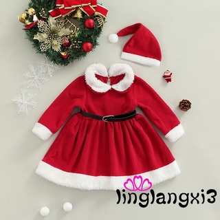 Rq 3 piezas de trajes de navidad para bebés, bloque de Color para niñas, cuello de muñeca de manga larga, vestido peludo, sombrero y cinturón