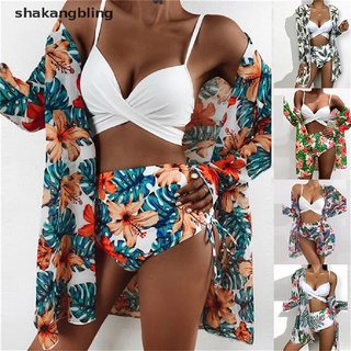 shkas push-up estampado floral bikini traje de baño mujer 3pcs cintura alta bikini conjunto trajes de baño bling