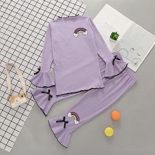 [trajes de niña]Multicolor Rainbow Girl pijamas conjunto primavera y otoño nueva camiseta de manga larga de dos piezas