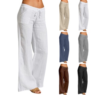 mujer casual sólido algodón lino cintura elástica cordón largo ancho pierna pantalones