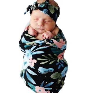 Ice-Newborn Baby Photography Props Set de mantas de estampado de flores+sombrero de nudo+diadema de nudo+3 piezas de trajes