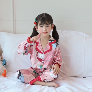 Nuevo pijamas de bebé Baju Kanak Perempuan estilo japonés de manga larga Loungewear de dibujos animados impreso solapa dormir desgaste ligero niño de seda de hielo ropa de sueño