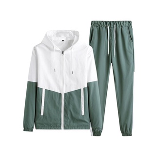 ❤Gi❥Juego de 2 piezas de traje deportivo, chaqueta con capucha de manga larga de los hombres+pantalones largos para primavera otoño, verde/negro/azul
