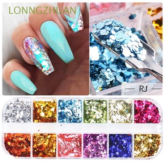 LONNGZHUAN 12 Grids/Box Manicure Nail Sequins Summer Hexagon Mirror Spangles Glitter Nail Art Decorations Nail Flakes Colorful Slices Chunky