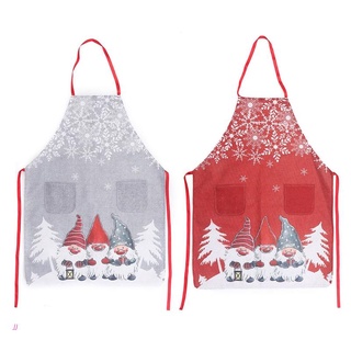 🔥 JJ Christmas Gnome Snowflake Print Apron Cartoon Kitchen Bib with Front Pockets