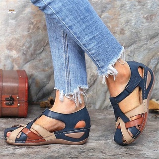 Women's Sandals Wedges Heel Flat Hook and Loop Sandals with Cross Strap Beach Sandal (5)