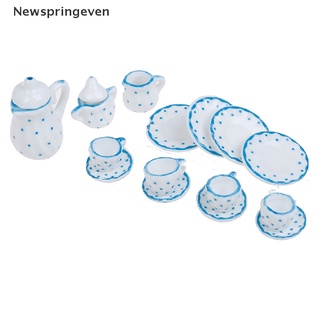 【NSE】 15Pcs 1:12 Dollhouse miniature blue dot tableware porcelain coffee tea cups set 【Newspringeven】