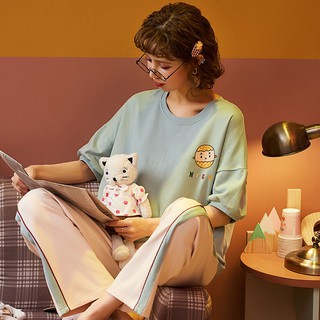 Pijamas de algodón puro de las mujeres de manga corta traje de estudiante de dibujos animados lindo suelto (4)