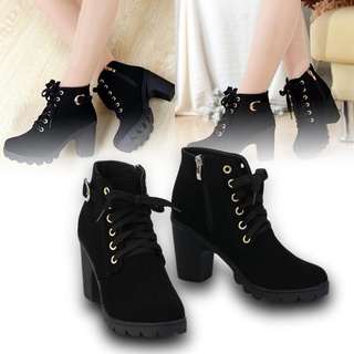 Y Fashion Women High Heel Lace Up Side Zipper Buckle Ankle Boots Suede Shoes (9)