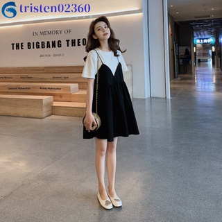 tristen02360 Women Suspenders Fake Two-piece Dress Milk Silk Fashion Loose Casual Short-sleeved Doll Skirt