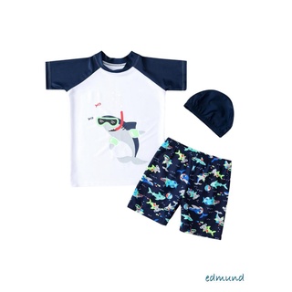 ✲Ld❀Conjunto de ropa de natación de tres piezas, blanco de dibujos animados Animal impreso Tops + pantalones cortos + gorra