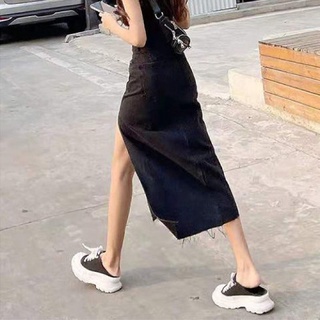 Cintura alta lateral hendidura falda de mezclilla mujer verano 2021 (6)