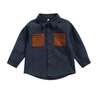 ❂Vf❁Primavera otoño pequeño niños camisa, creativo Color empalme doble bolsillo solapa de manga larga Tops de un solo pecho (5)