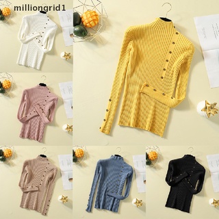 [milliongrid1] suéter de punto para mujer de manga larga tops de cuello alto jersey de punto superior delgado caliente