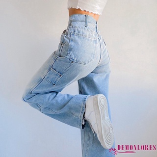 Demq-pantalones vaqueros de pierna ancha para mujeres de Color sólido Patchwork Denim pantalones con bolsillos (3)