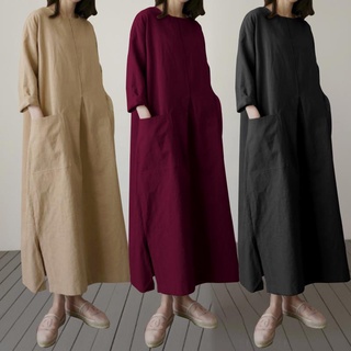 fupsne Casual Women Solid Color Long Sleeve O Neck Pockets Large Hem Loose Maxi Dress