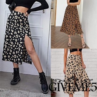 Giveme-mujer Casual media longitud falda moda leopardo impresión cintura alta Split una línea faldas