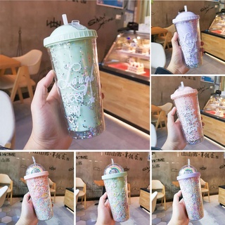550ml arco iris estrella fría taza vaso de doble capa de plástico taza de café con paja botella de agua reutilizable (1)