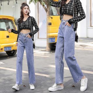 Mujer nuevo estilo coreano ancho pierna recta cintura alta suelta Jeans