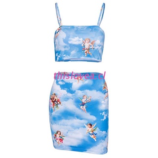 THIS Women Summer 2 Piece Outfits Set Spaghetti Strap Bandeau Tube Top High Waist Mini Skirt Harajuku Cupid Angel Printed Bodycon Clubwear