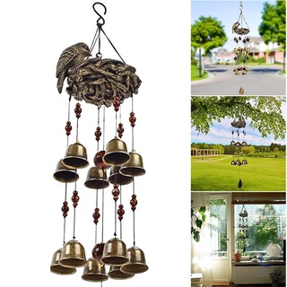 Birds Family Wind Chime Resin Aeolian Bell with 12 Wind Bells Bronze Hanging Retro Style Decor for Outdoor Window Garden
