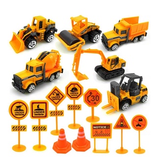 16-piece Set Alloy Engineering Vehicle With Road Sign Excavator With Road Alloy Sign Model Car Z0E3 (3)